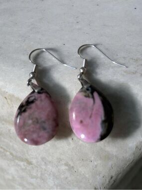 Pink Teardrop Rhodonite Stone Dangle Earrings - Women Jewelry